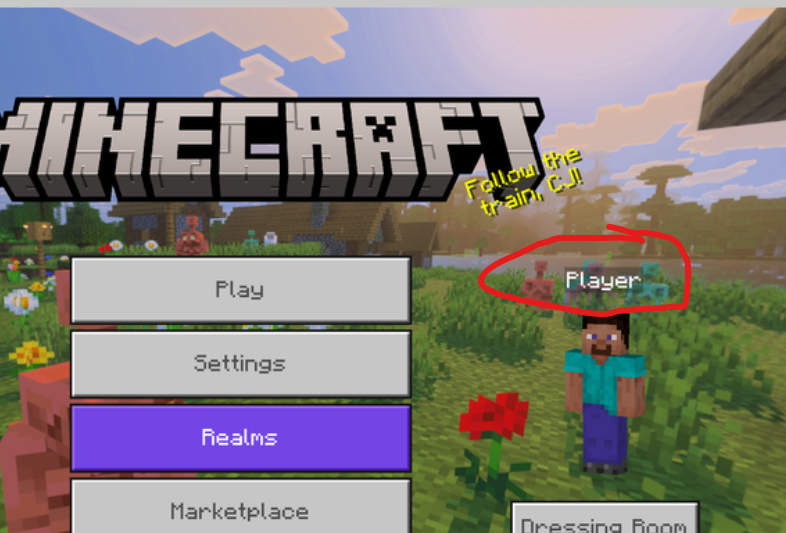 Minecraft-startsida där spelarnamnet Player är markerat